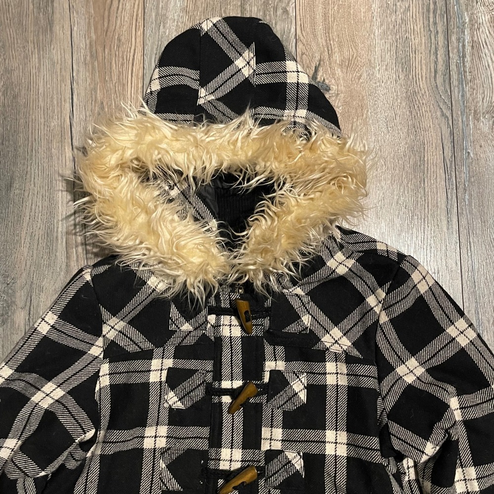 Billabong Plaid Wool Blend Hooded Jacket Faux Fur Trim Toggle Black‎ White M - Picture 8 of 10